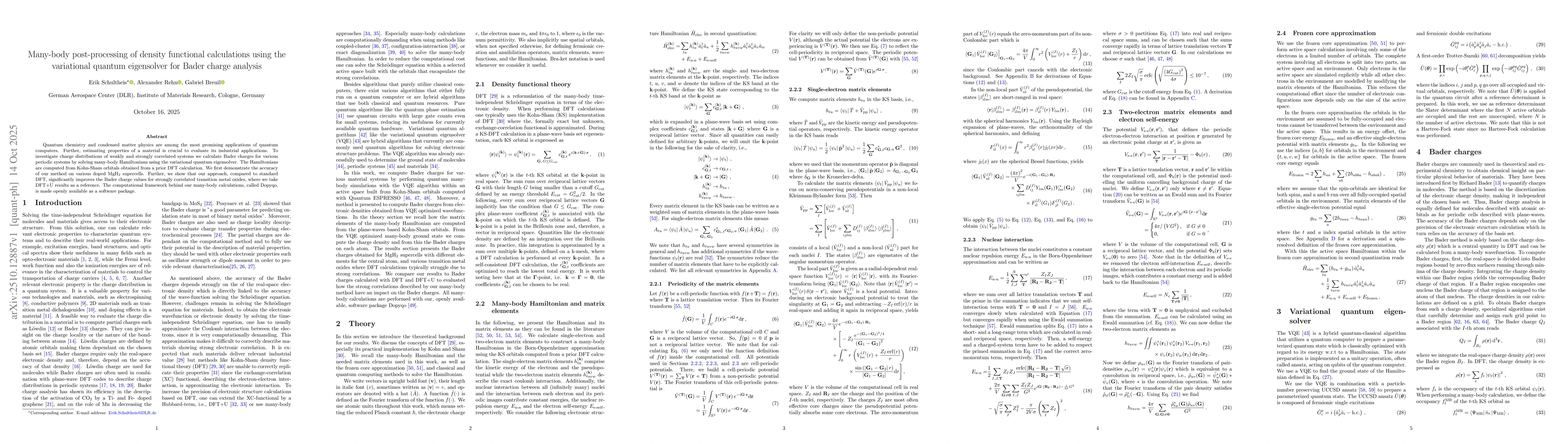 Thumbnail for Many-body post-processing of density functional calculations using the
  variational quantum eigensolver for Bader charge analysis