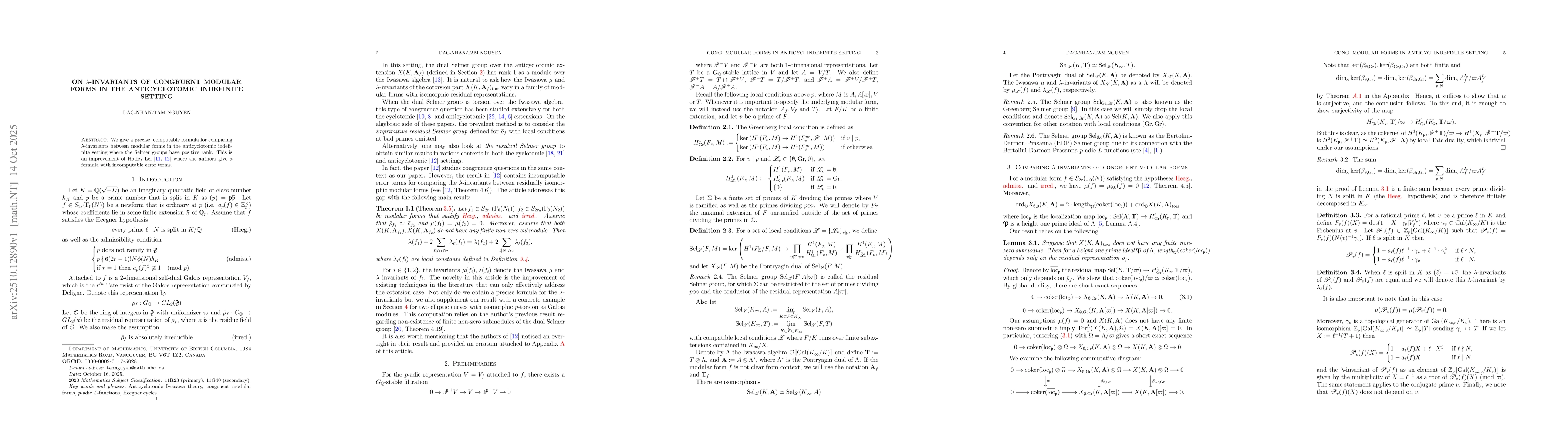 Thumbnail for On $Îť$-invariants of congruent modular forms in the
  anticyclotomic, indefinite setting