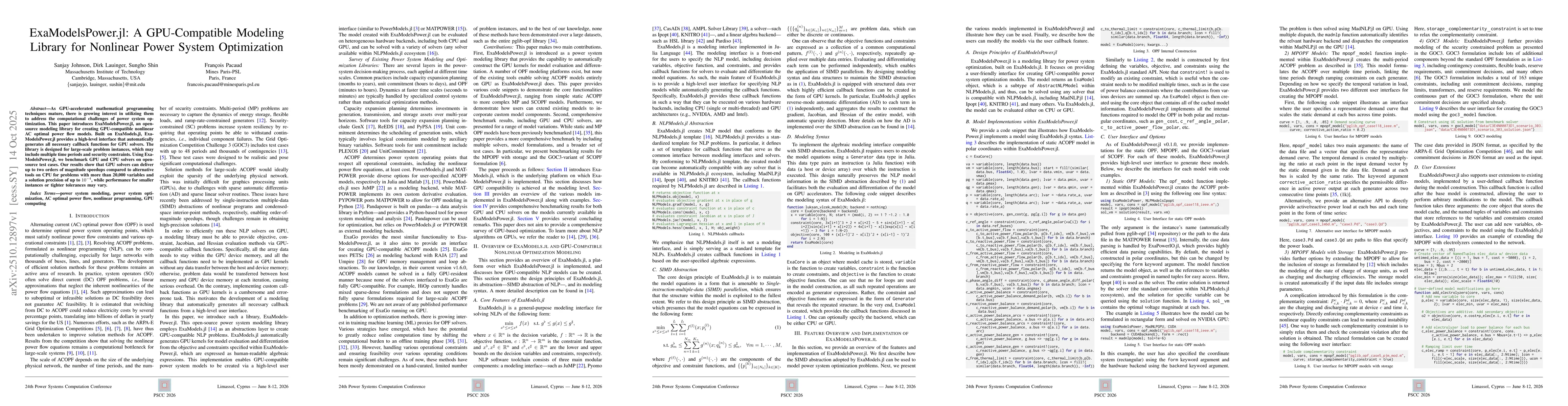 Thumbnail for ExaModelsPower.jl: A GPU-Compatible Modeling Library for Nonlinear Power
  System Optimization