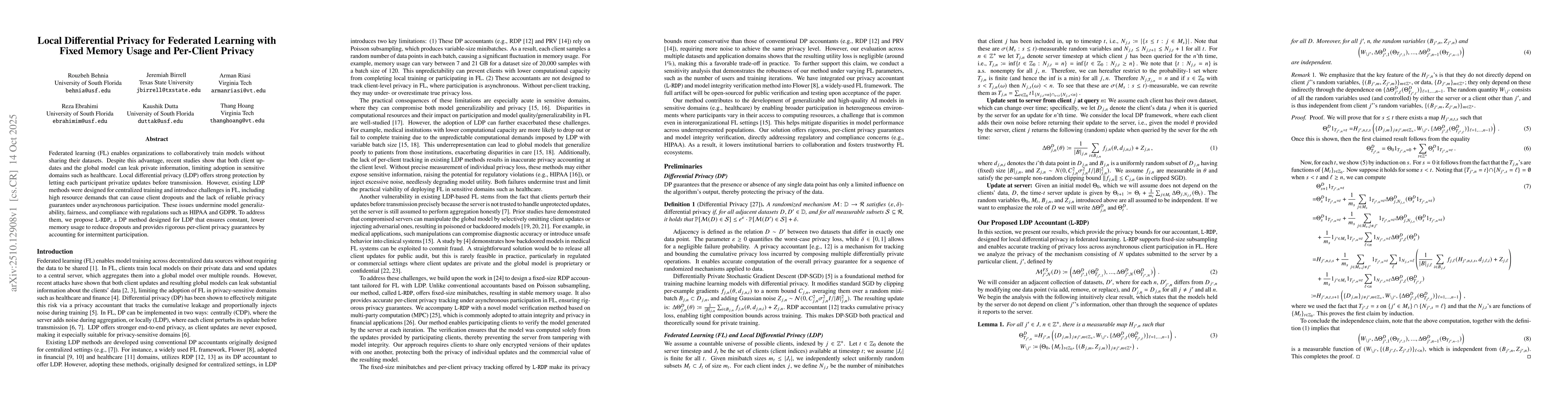 Thumbnail for Local Differential Privacy for Federated Learning with Fixed Memory
  Usage and Per-Client Privacy