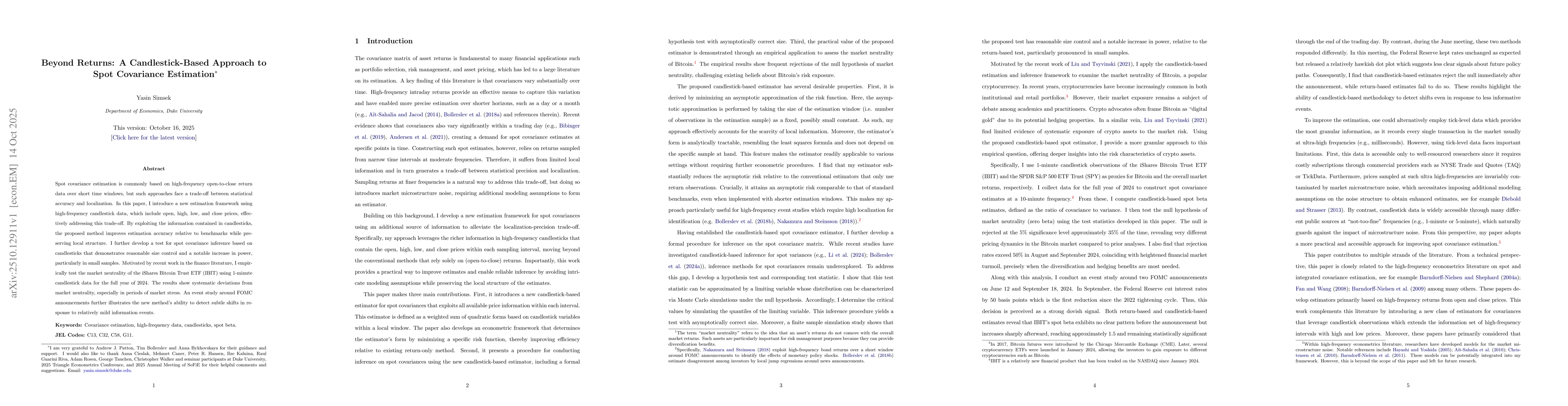 Thumbnail for Beyond Returns: A Candlestick-Based Approach to Spot Covariance
  Estimation