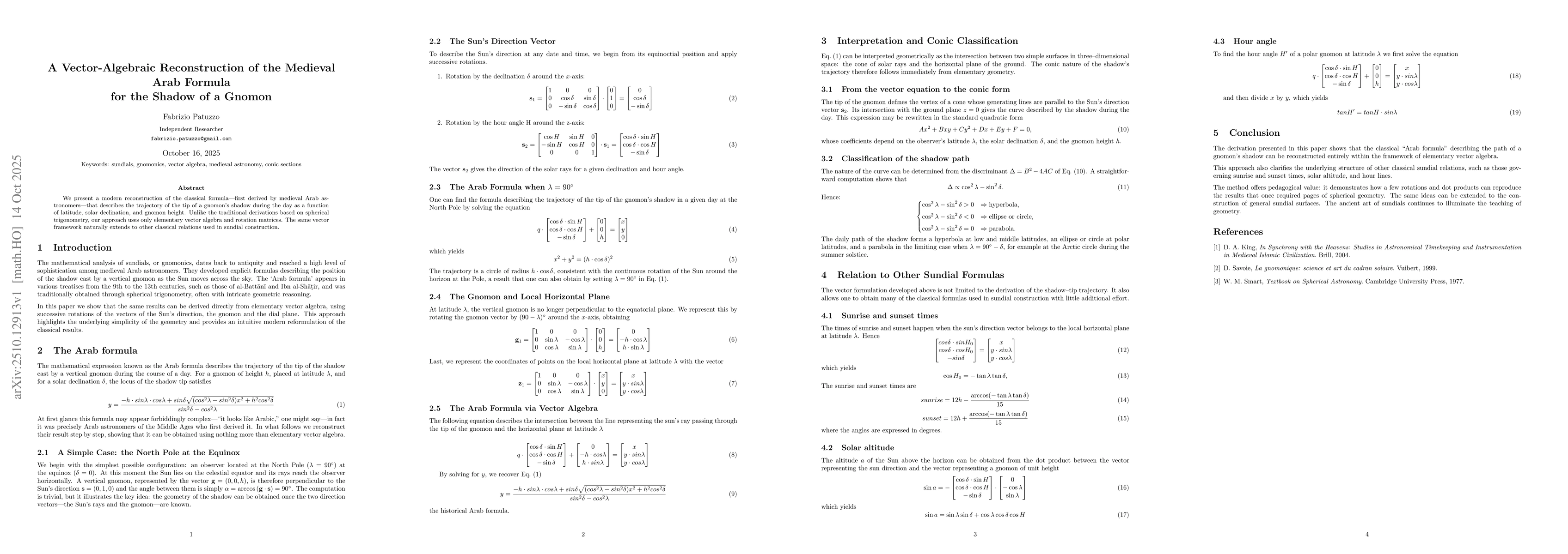 Thumbnail for A Vector-Algebraic Reconstruction of the Medieval Arab Formula for the
  Shadow of a Gnomon