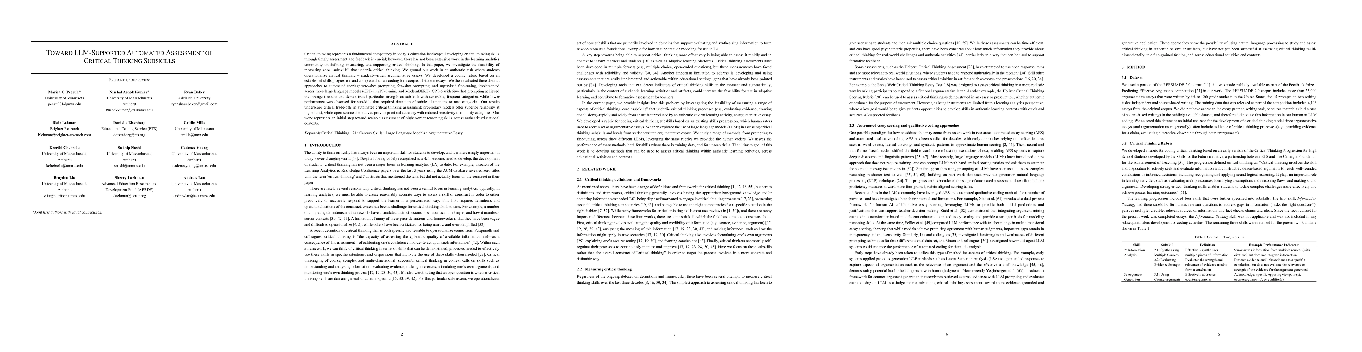 Thumbnail for Toward LLM-Supported Automated Assessment of Critical Thinking Subskills
