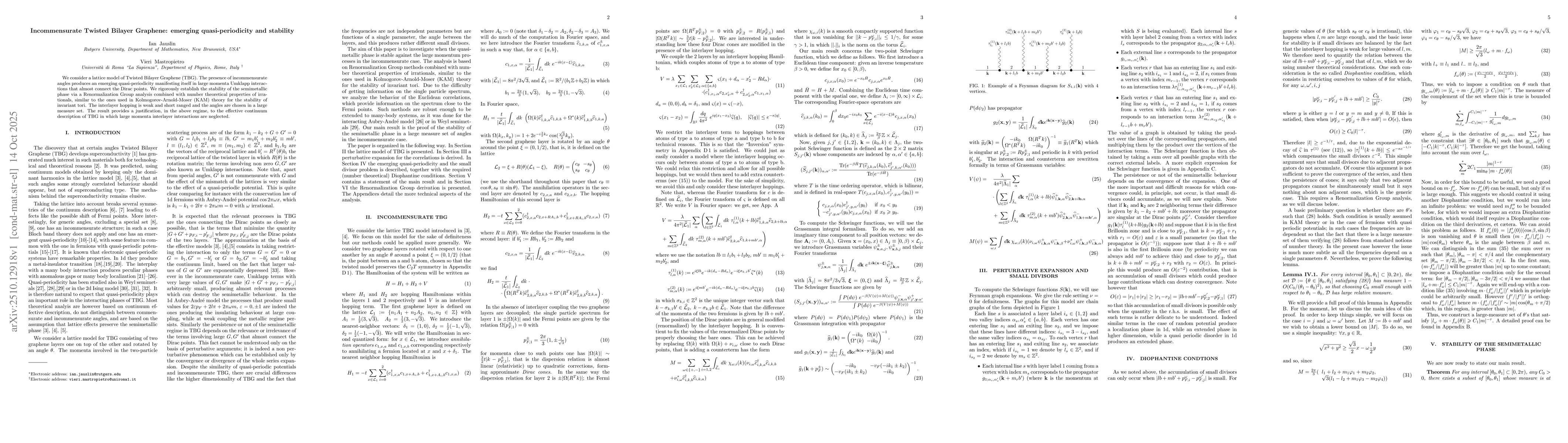Thumbnail for Incommensurate Twisted Bilayer Graphene: emerging quasi-periodicity and
  stability