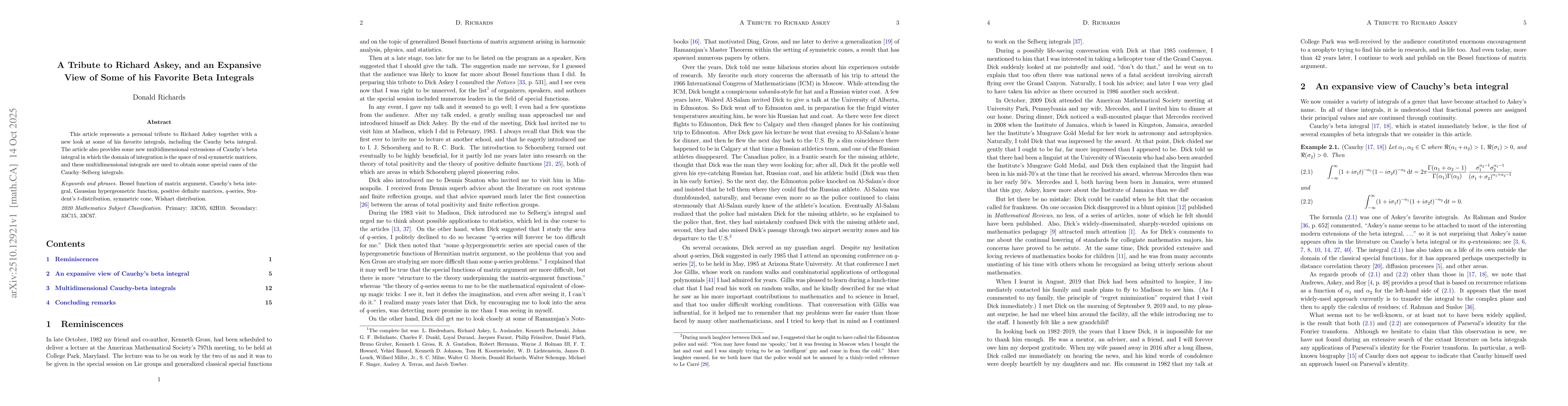 Thumbnail for A Tribute to Richard Askey, and an Expansive View of Some of his
  Favorite Beta Integrals