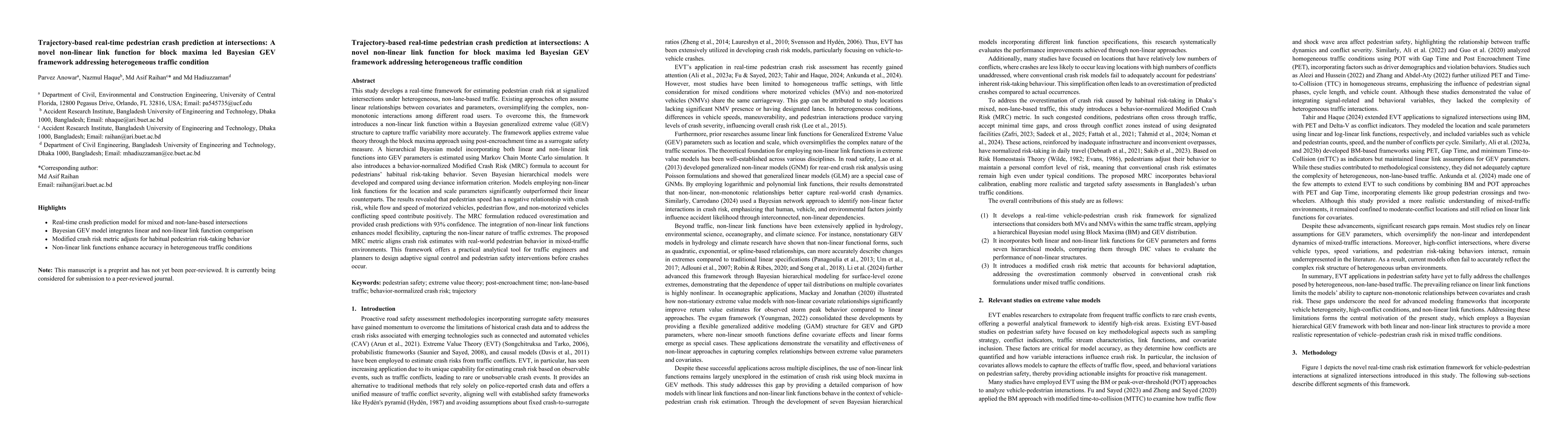 Thumbnail for Trajectory-based real-time pedestrian crash prediction at intersections:
  A novel non-linear link function for block maxima led Bayesian GEV framework
  addressing heterogeneous traffic condition