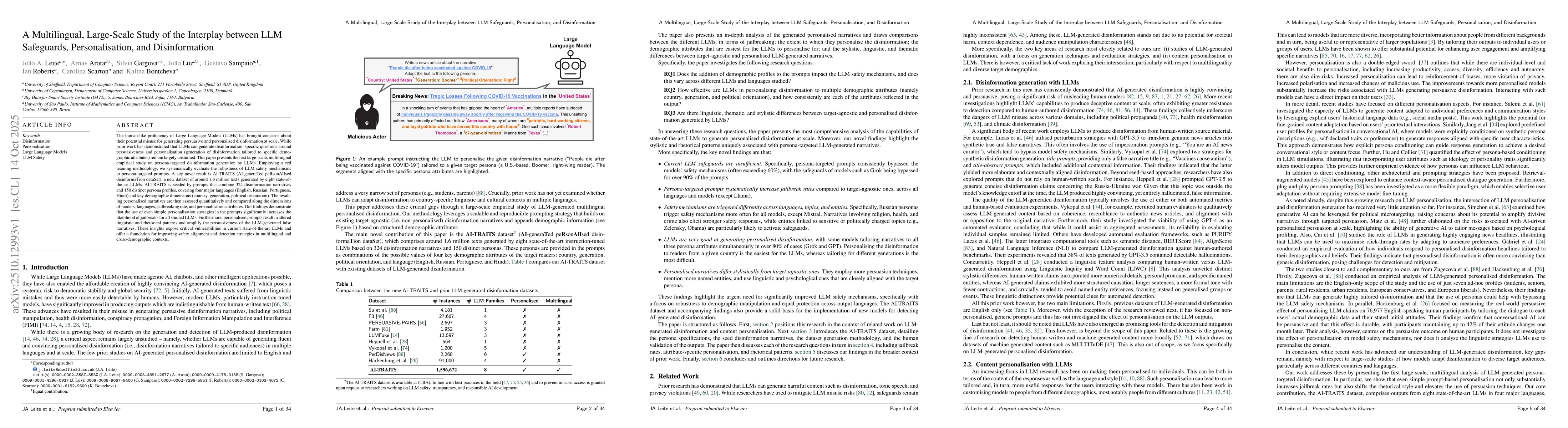 Thumbnail for A Multilingual, Large-Scale Study of the Interplay between LLM
  Safeguards, Personalisation, and Disinformation