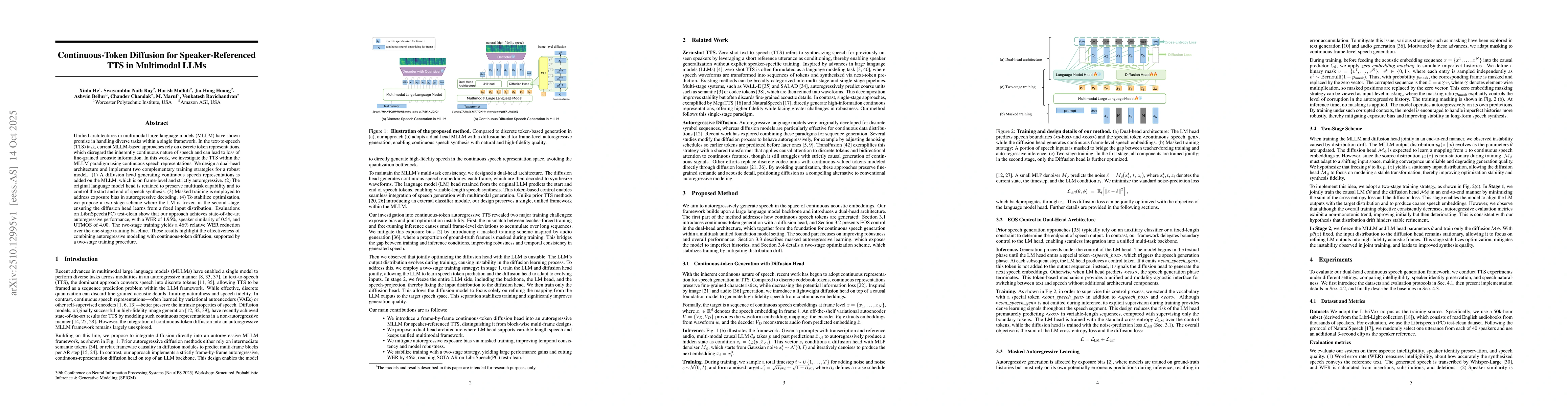 Thumbnail for Continuous-Token Diffusion for Speaker-Referenced TTS in Multimodal LLMs