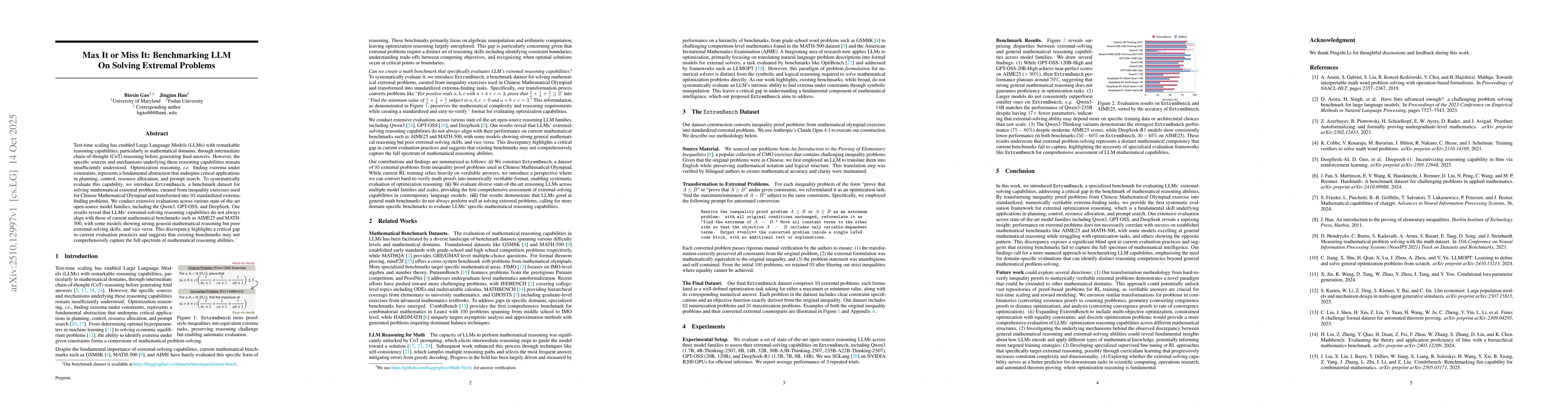 Thumbnail for Max It or Miss It: Benchmarking LLM On Solving Extremal Problems