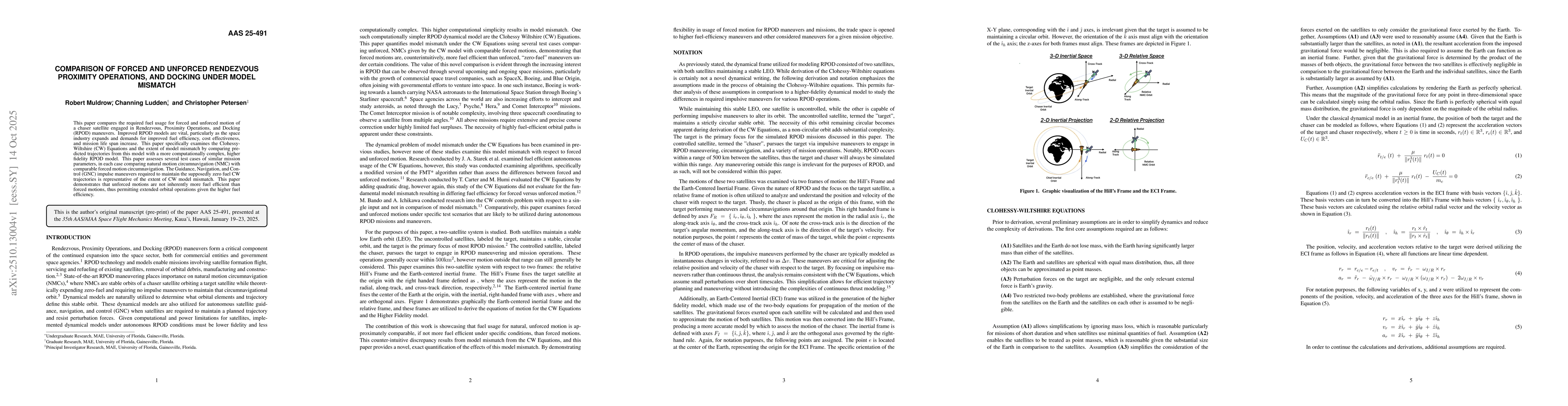 Thumbnail for Comparison of Forced and Unforced Rendezvous, Proximity Operations, and
  Docking Under Model Mismatch