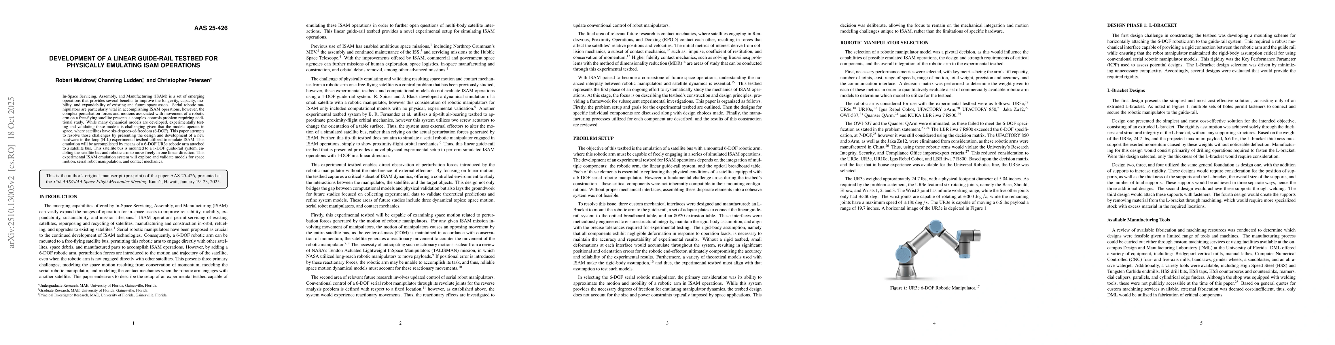 Thumbnail for Development of a Linear Guide-Rail Testbed for Physically Emulating ISAM
  Operations
