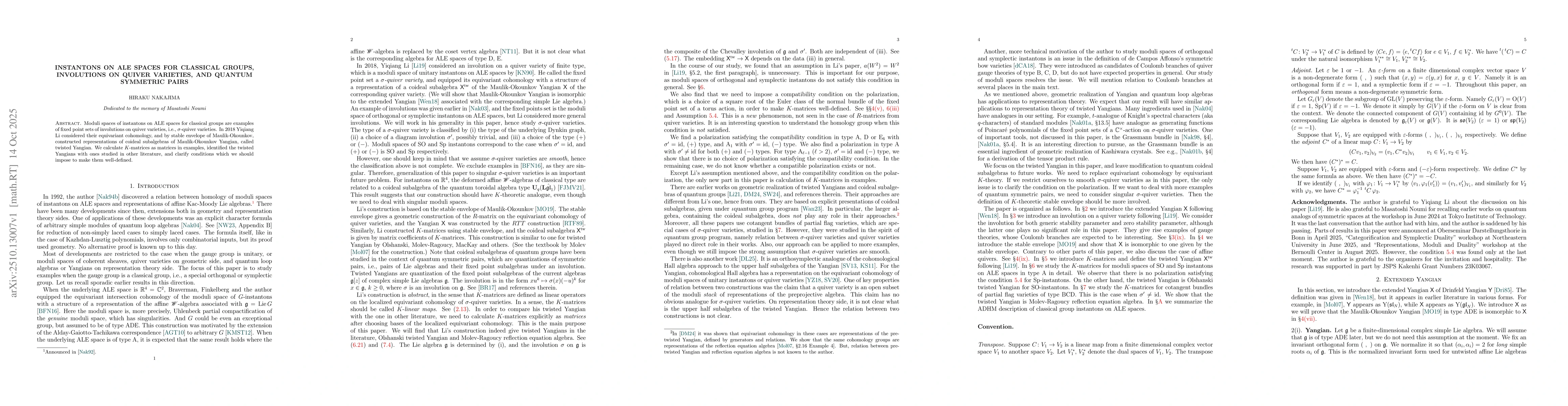 Thumbnail for Instantons on ALE spaces for classical groups, involutions on quiver
  varieties, and quantum symmetric pairs