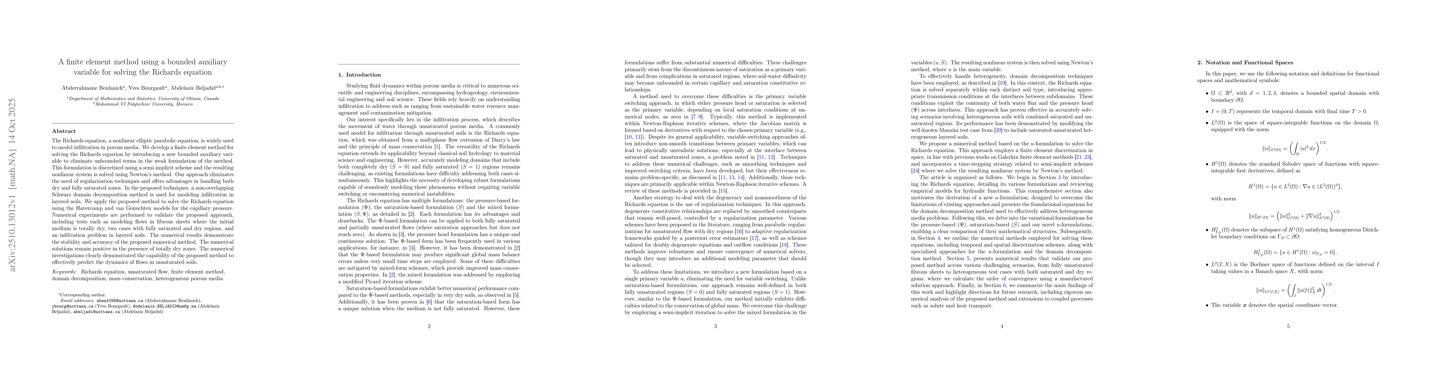 Thumbnail for A finite element method using a bounded auxiliary variable for solving
  the Richards equation