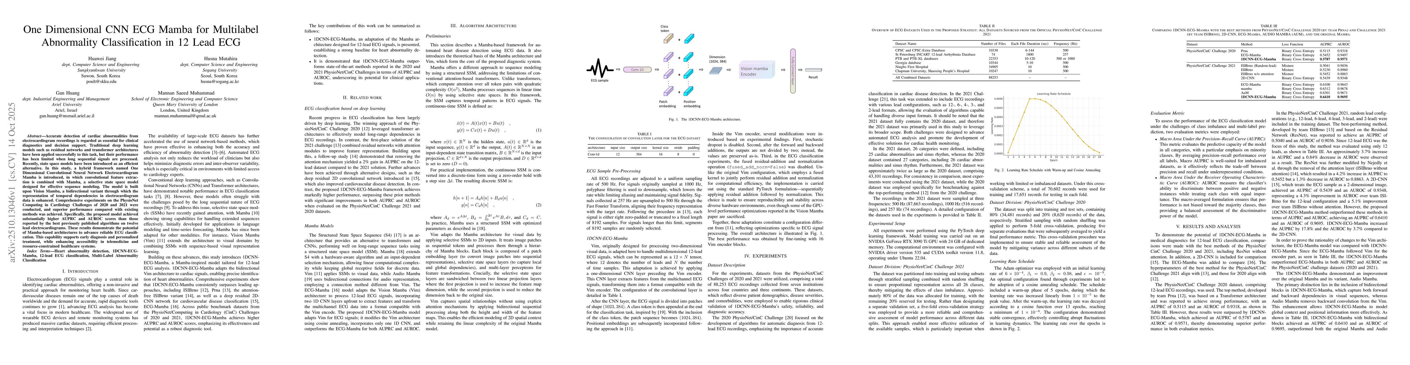 Thumbnail for One Dimensional CNN ECG Mamba for Multilabel Abnormality Classification
  in 12 Lead ECG