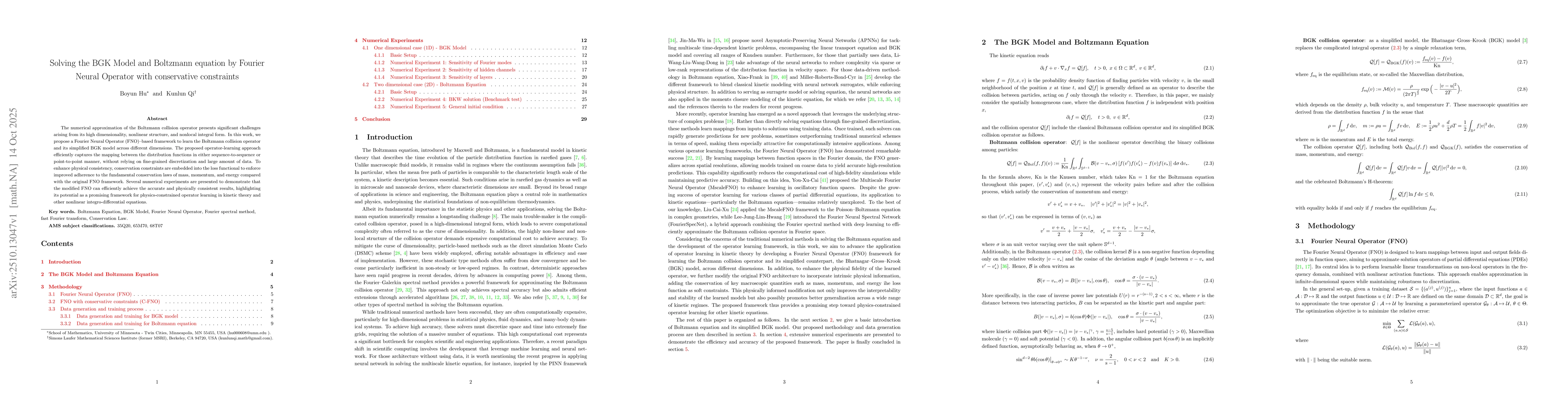 Thumbnail for Solving the BGK Model and Boltzmann equation by Fourier Neural Operator
  with conservative constraints
