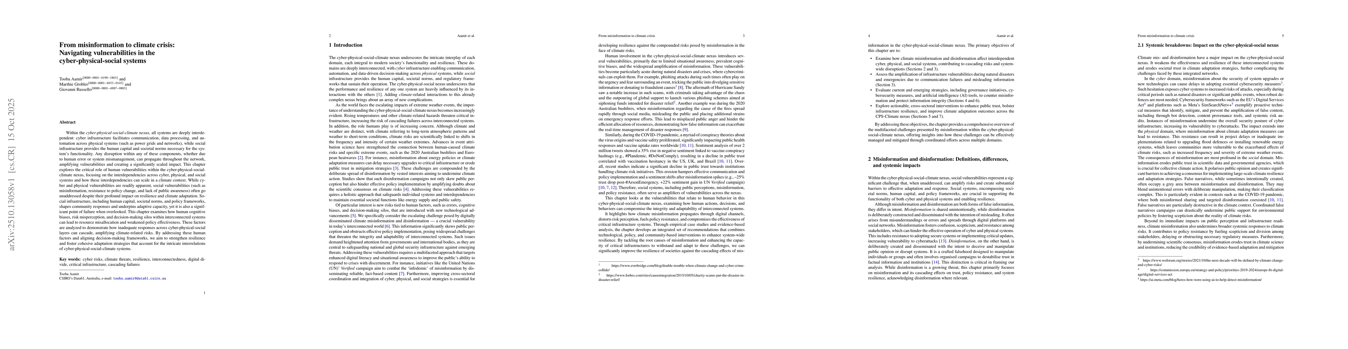 Thumbnail for From misinformation to climate crisis: Navigating vulnerabilities in the
  cyber-physical-social systems