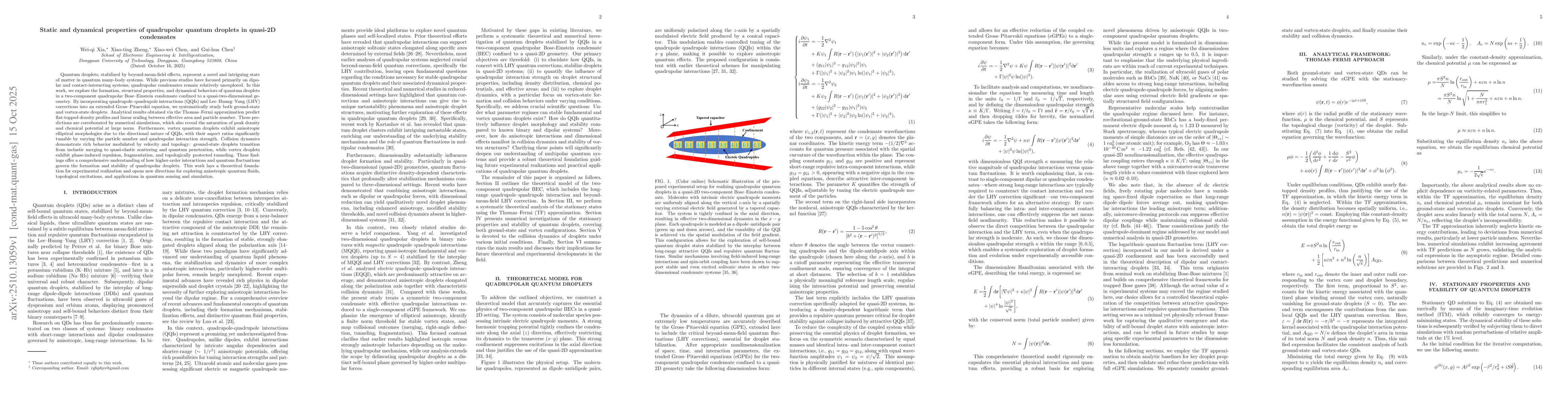 Thumbnail for Static and dynamical properties of quadrupolar quantum droplets in
  quasi-2D condensates