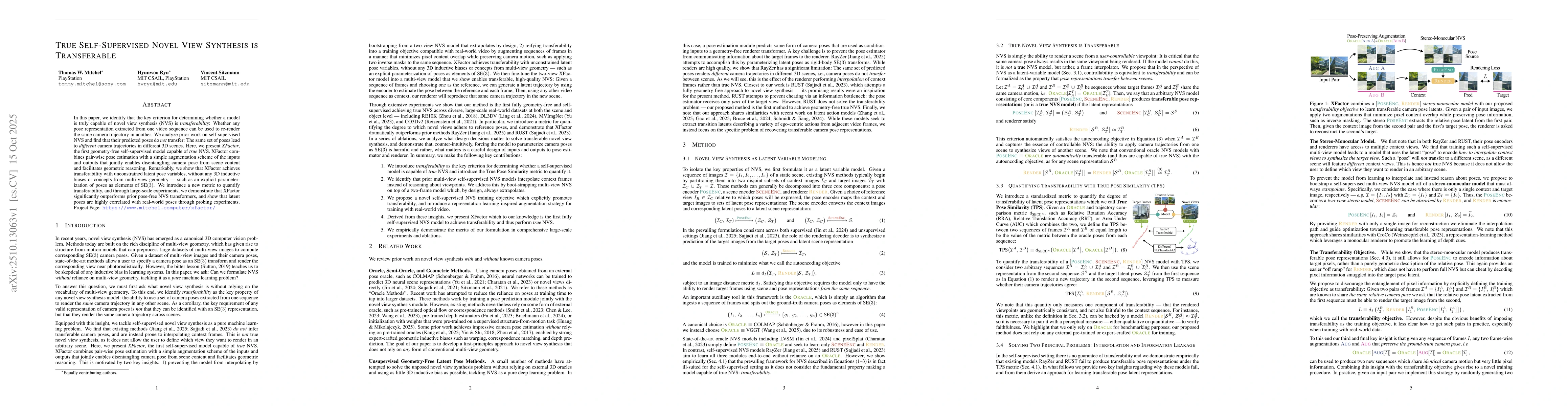 Thumbnail for True Self-Supervised Novel View Synthesis is Transferable
