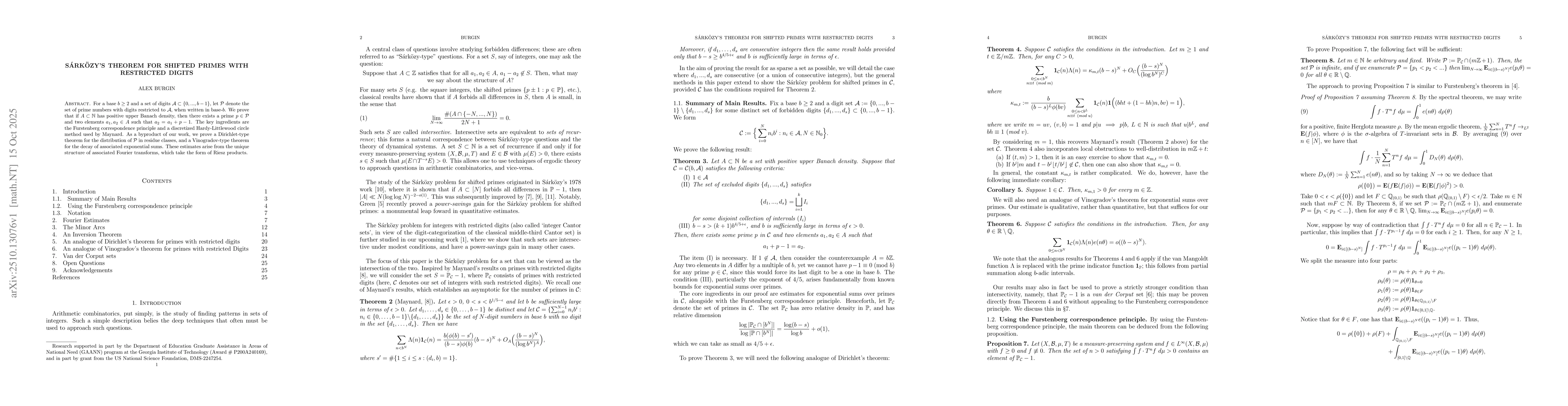 Thumbnail for SĂĄrkĂśzy's theorem for shifted primes with restricted digits