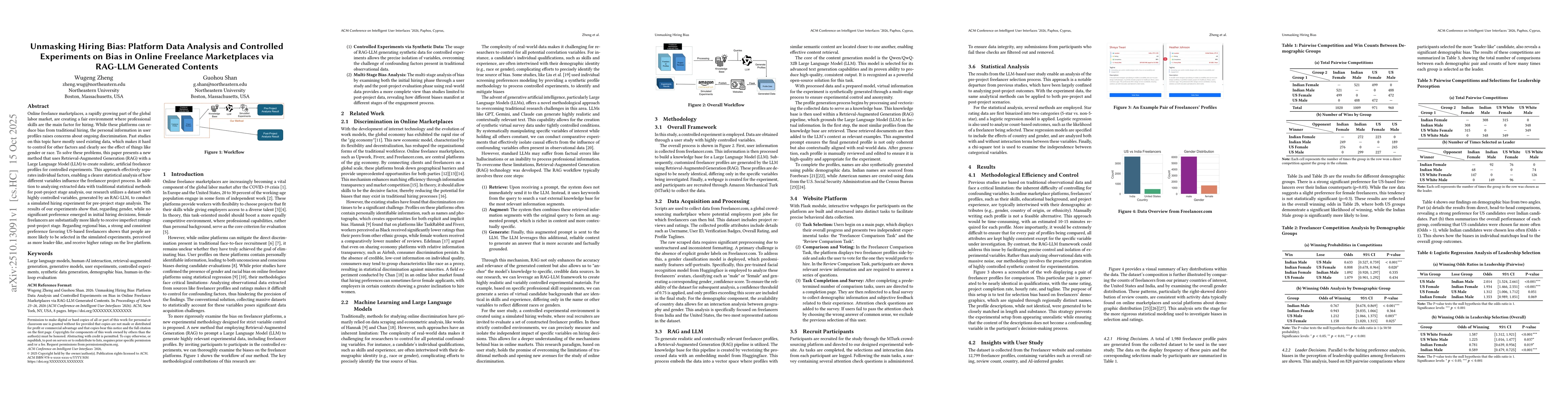 Thumbnail for Unmasking Hiring Bias: Platform Data Analysis and Controlled Experiments
  on Bias in Online Freelance Marketplaces via RAG-LLM Generated Contents