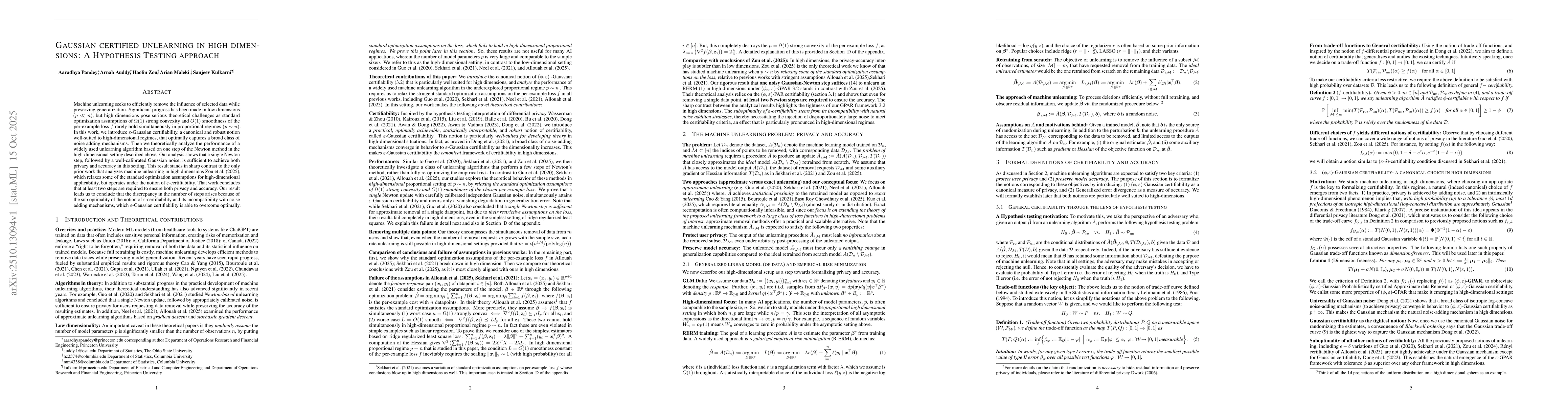 Thumbnail for Gaussian Certified Unlearning in High Dimensions: A Hypothesis Testing
  Approach