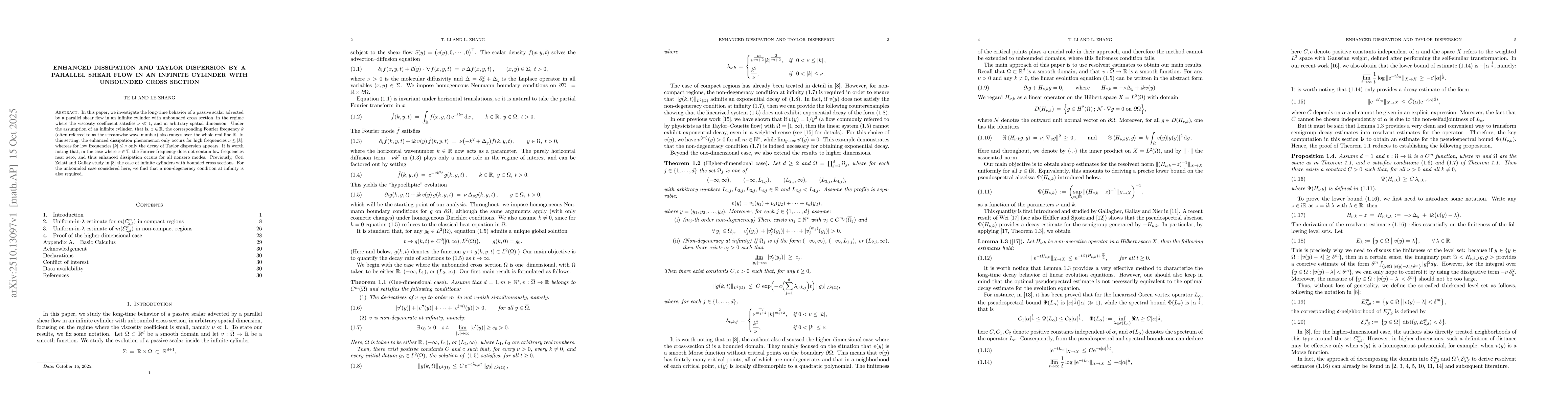 Thumbnail for Enhanced dissipation and Taylor dispersion by a parallel shear flow in
  an infinite cylinder with unbounded cross section