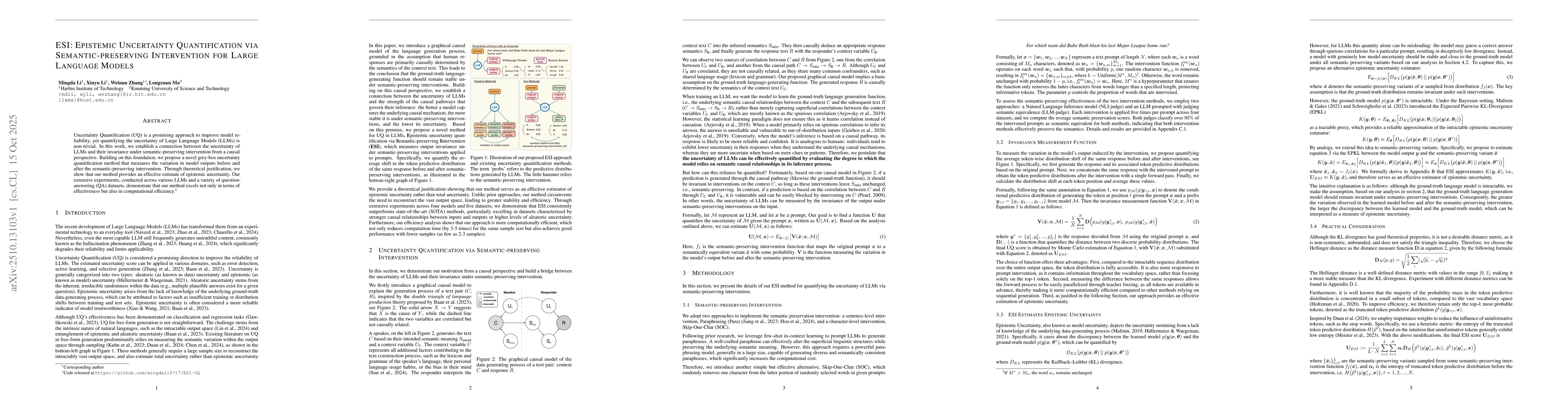 Thumbnail for ESI: Epistemic Uncertainty Quantification via Semantic-preserving
  Intervention for Large Language Models