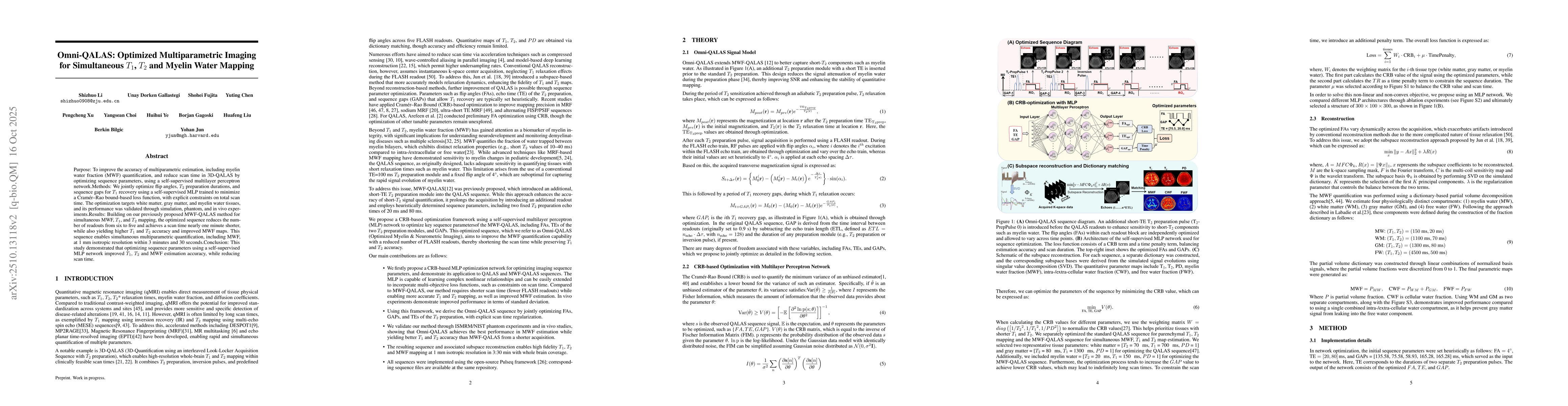Thumbnail for Omni-QALAS: Optimized Multiparametric Imaging for Simultaneous T1, T2
  and Myelin Water Mapping