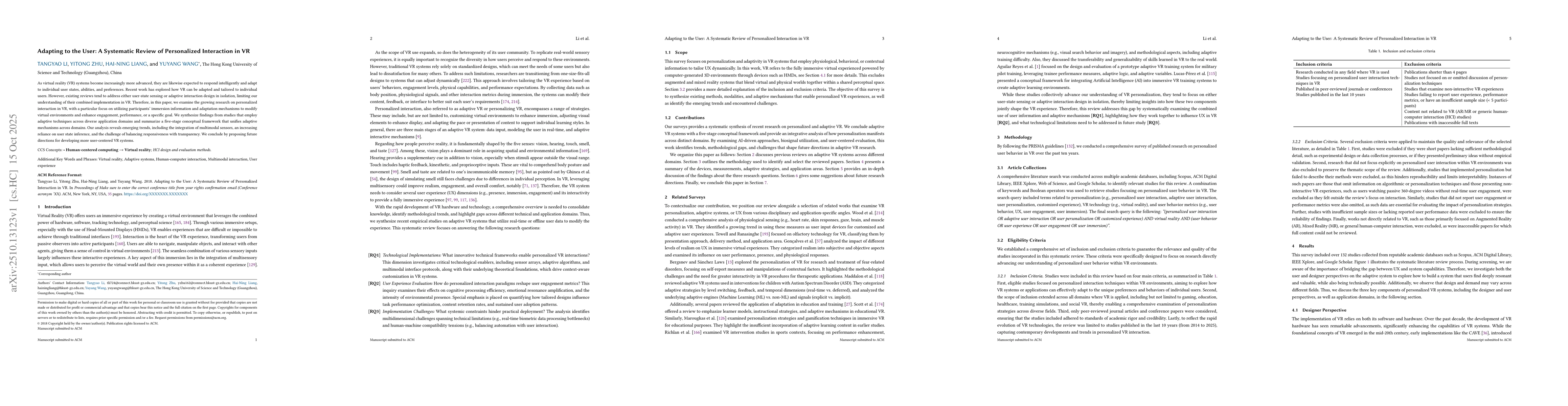 Thumbnail for Adapting to the User: A Systematic Review of Personalized Interaction in
  VR