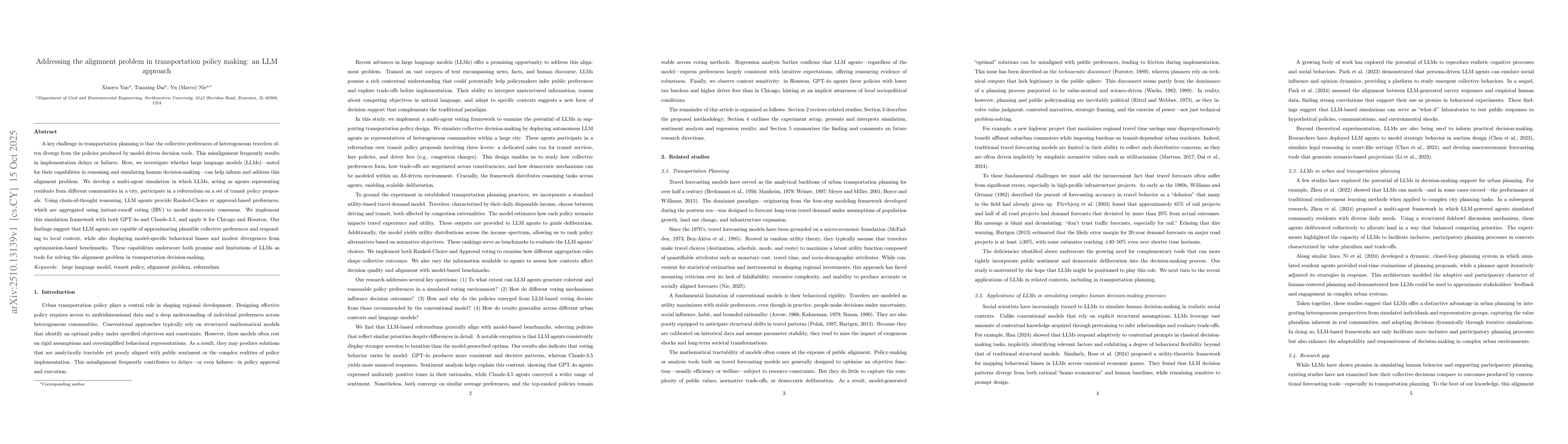 Thumbnail for Addressing the alignment problem in transportation policy making: an LLM
  approach