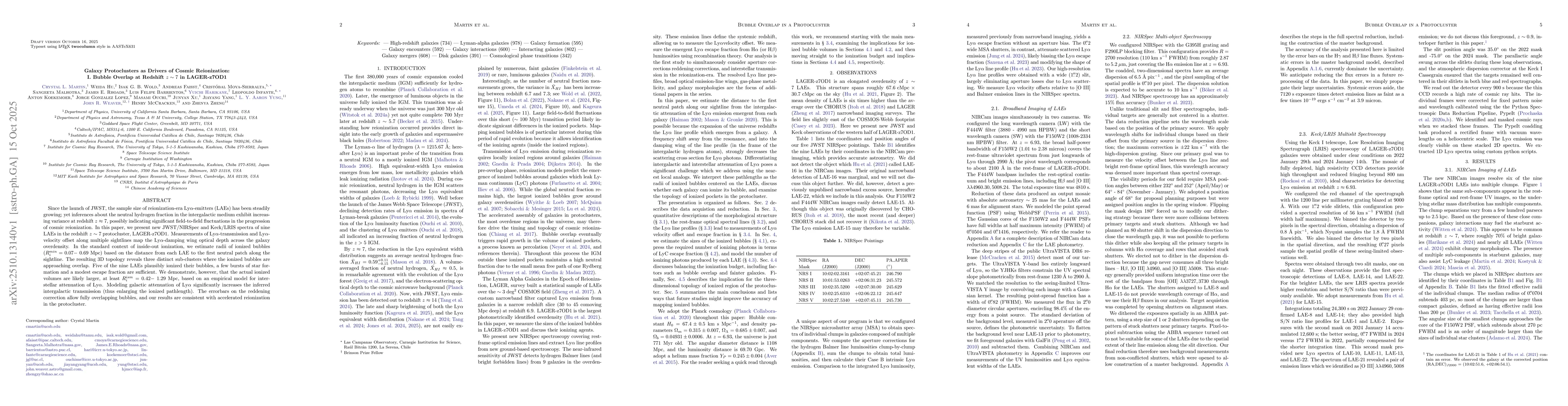 Thumbnail for Galaxy Protoclusters as Drivers of Cosmic Reionization: I. Bubble
  Overlap at Redshift z ~ 7 in LAGER-z7OD1