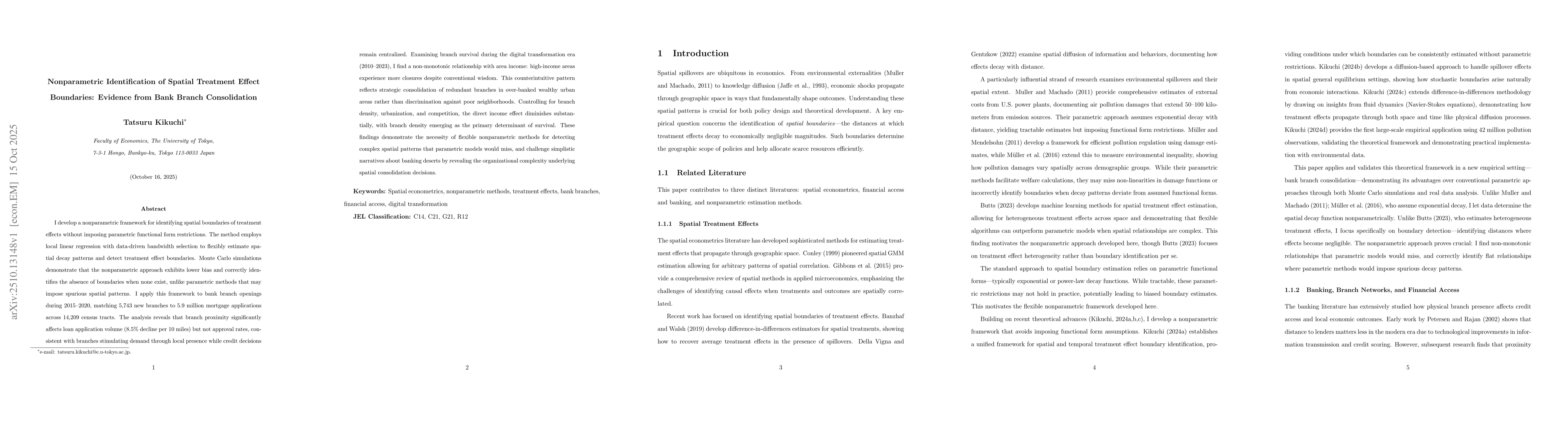 Thumbnail for Nonparametric Identification of Spatial Treatment Effect Boundaries:
  Evidence from Bank Branch Consolidation