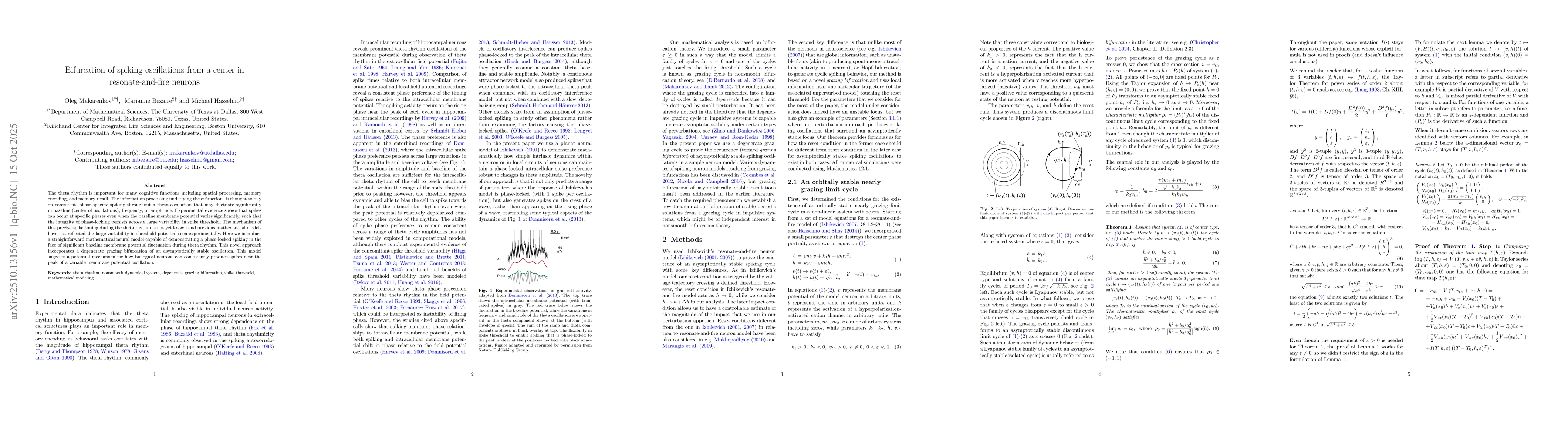 Thumbnail for Bifurcation of spiking oscillations from a center in resonate-and-fire
  neurons