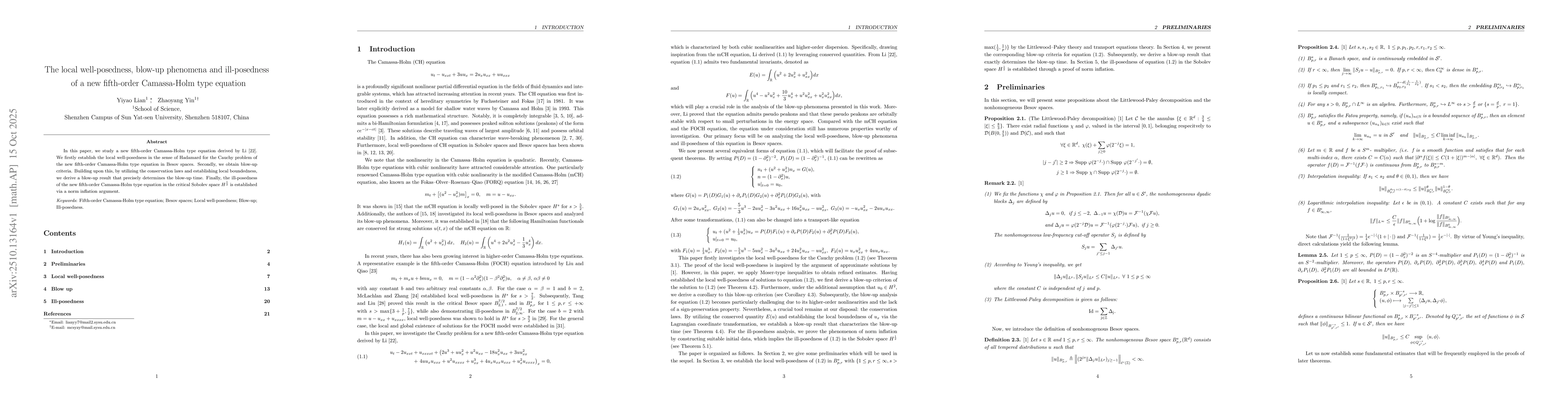Thumbnail for The local well-posedness, blow-up phenomena and ill-posedness of a new
  fifth-order Camassa-Holm type equation