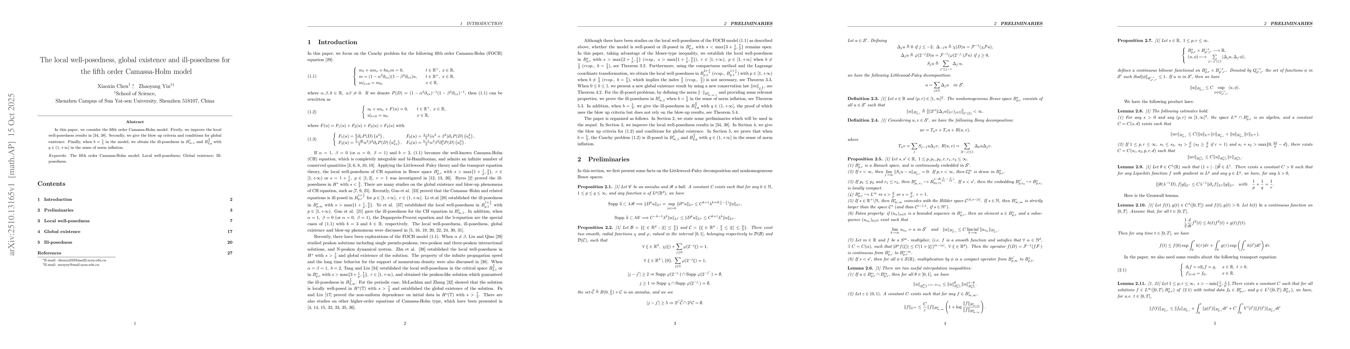 Thumbnail for The local well-posedness, global existence and ill-posedness for the
  fifth order Camassa-Holm model