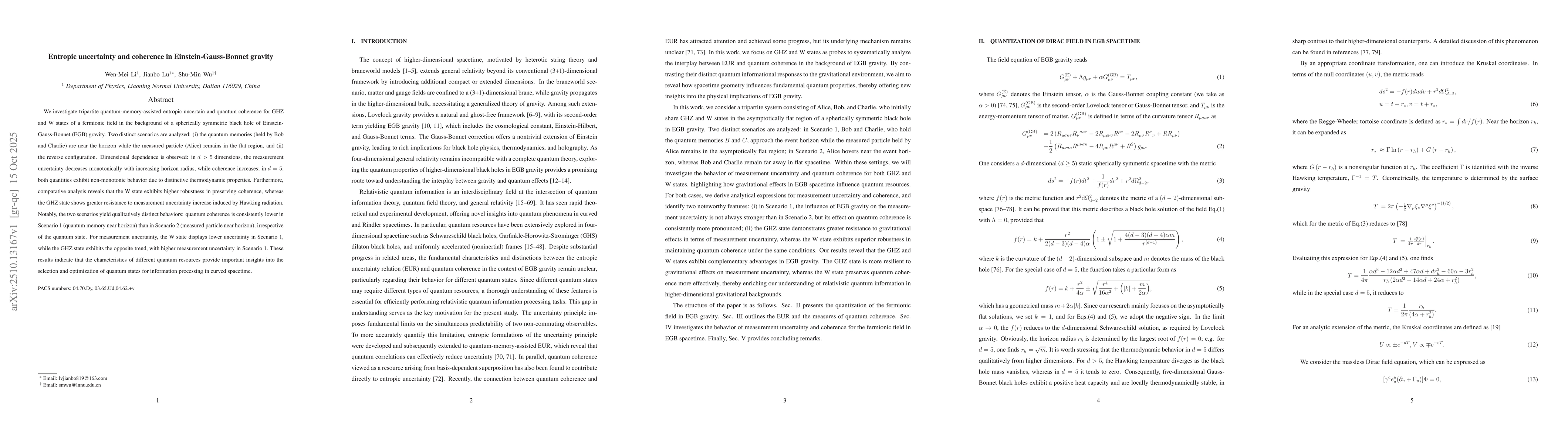 Thumbnail for Entropic uncertainty and coherence in Einstein-Gauss-Bonnet gravity