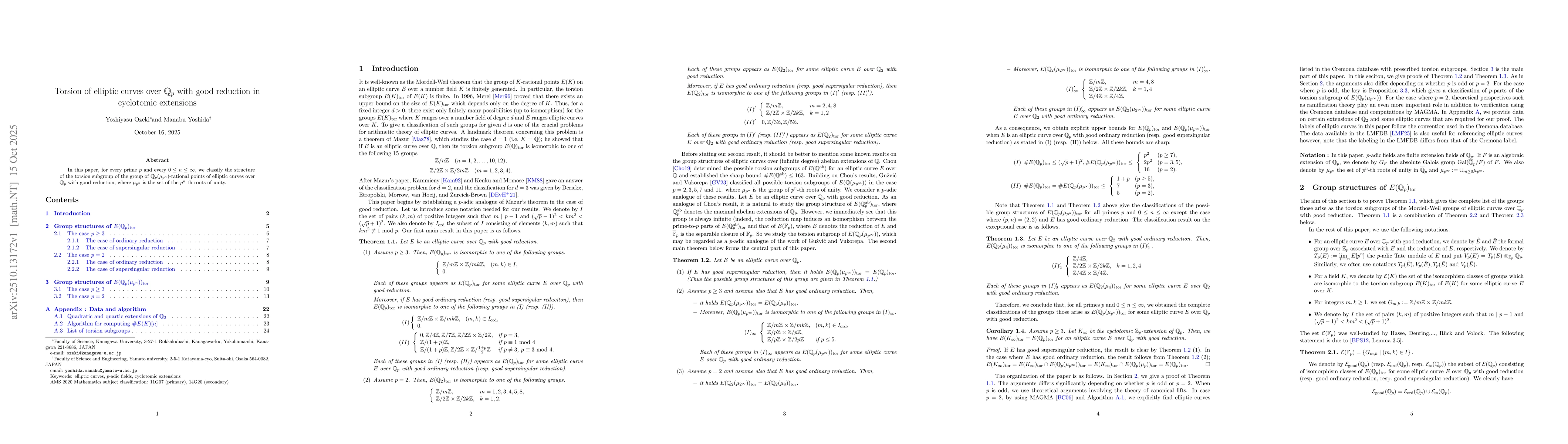Thumbnail for Torsion of elliptic curves over $\mathbb{Q}_p$ with good reduction in
  cyclotomic extensions