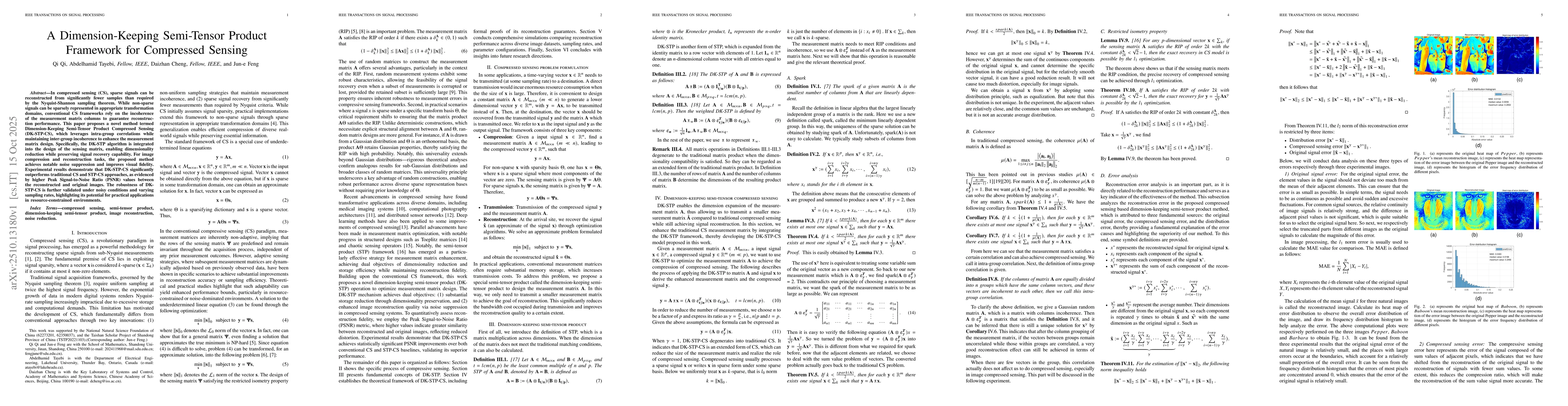 Thumbnail for A Dimension-Keeping Semi-Tensor Product Framework for Compressed Sensing