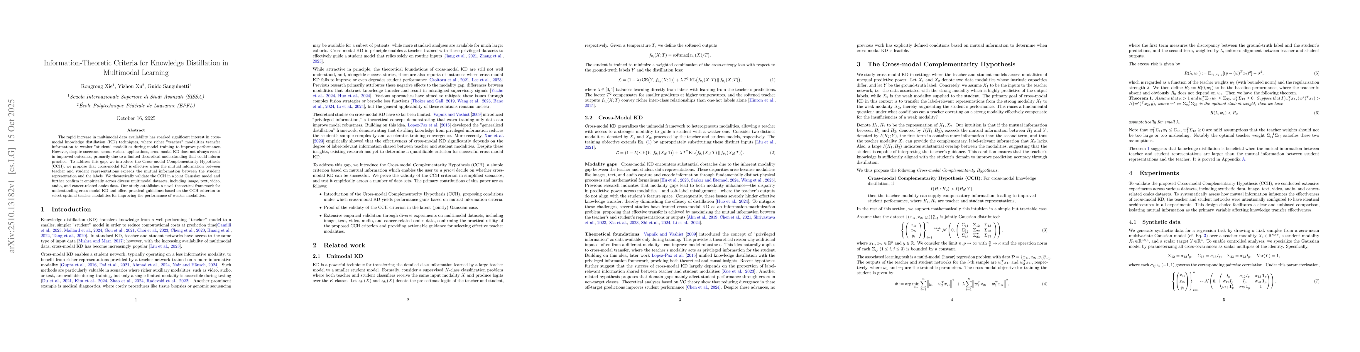 Thumbnail for Information-Theoretic Criteria for Knowledge Distillation in Multimodal
  Learning