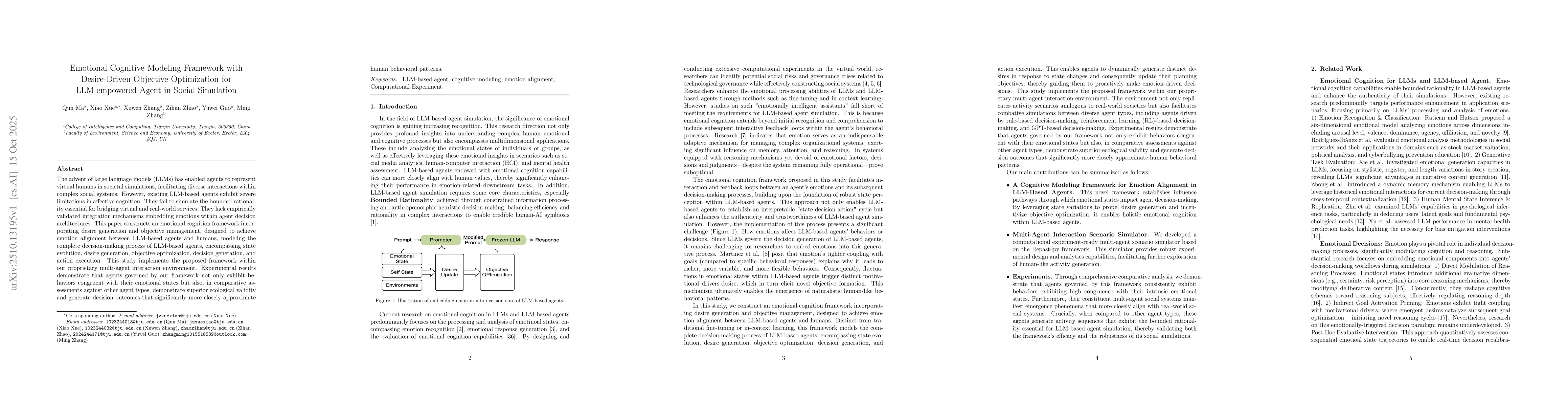 Thumbnail for Emotional Cognitive Modeling Framework with Desire-Driven Objective
  Optimization for LLM-empowered Agent in Social Simulation