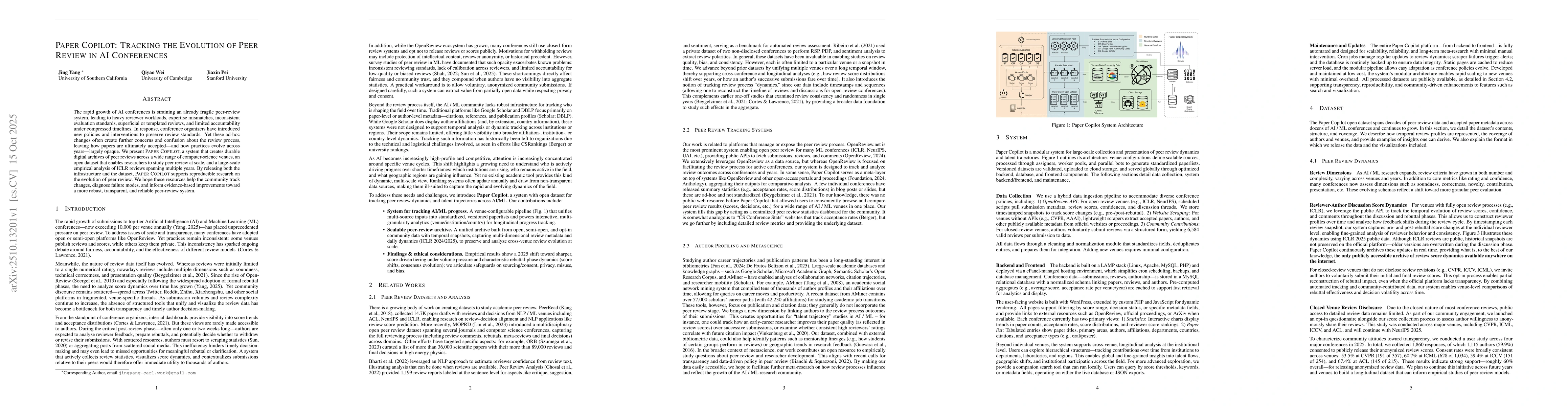 Thumbnail for Paper Copilot: Tracking the Evolution of Peer Review in AI Conferences