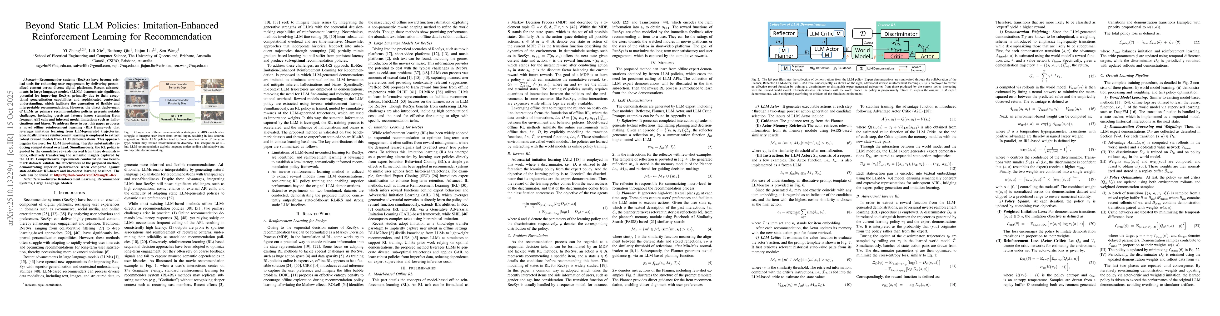 Thumbnail for Beyond Static LLM Policies: Imitation-Enhanced Reinforcement Learning
  for Recommendation