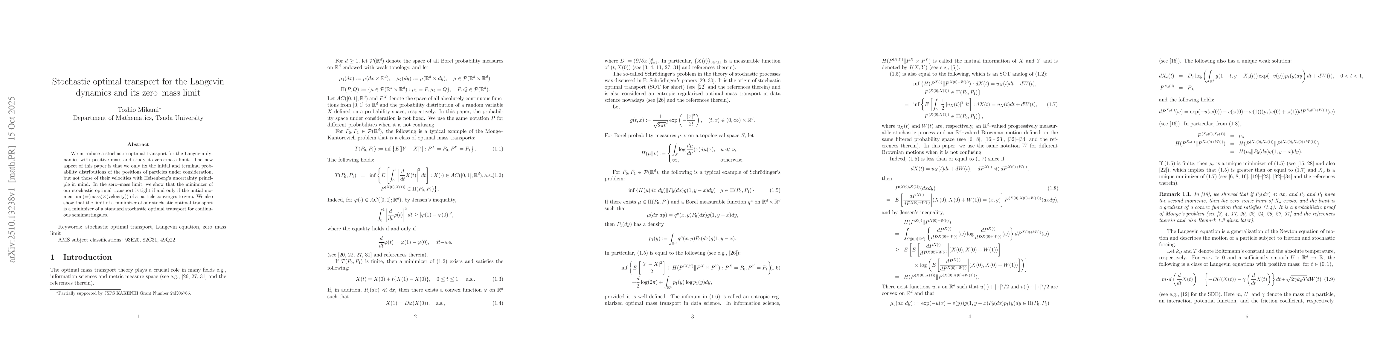 Thumbnail for Stochastic optimal transport for the Langevin dynamics and its
  zero--mass limit