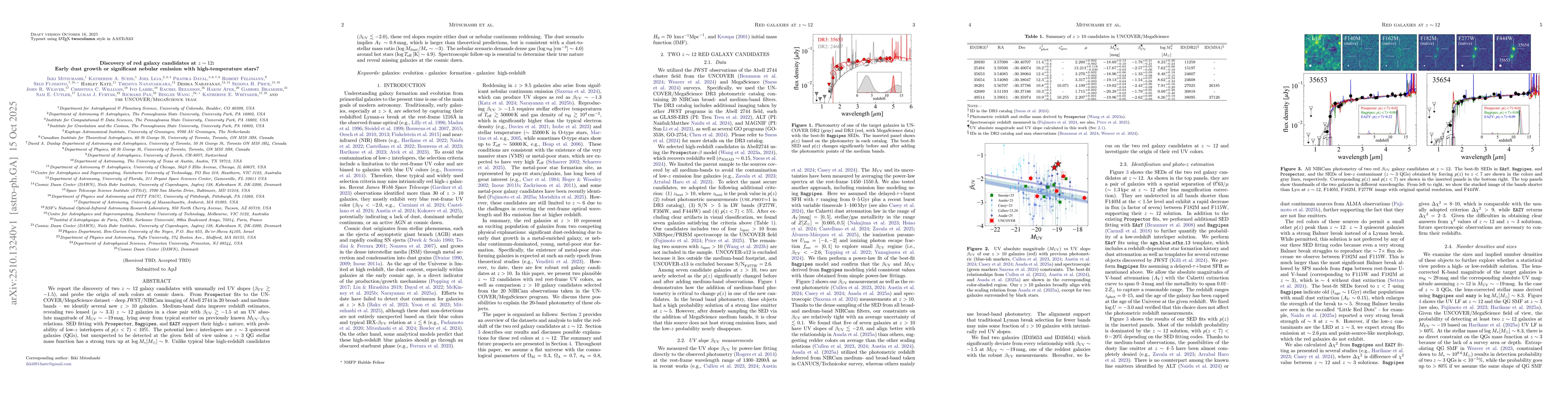 Thumbnail for Discovery of red galaxy candidates at z ~ 12: Early dust growth or
  significant nebular emission with high-temperature stars?