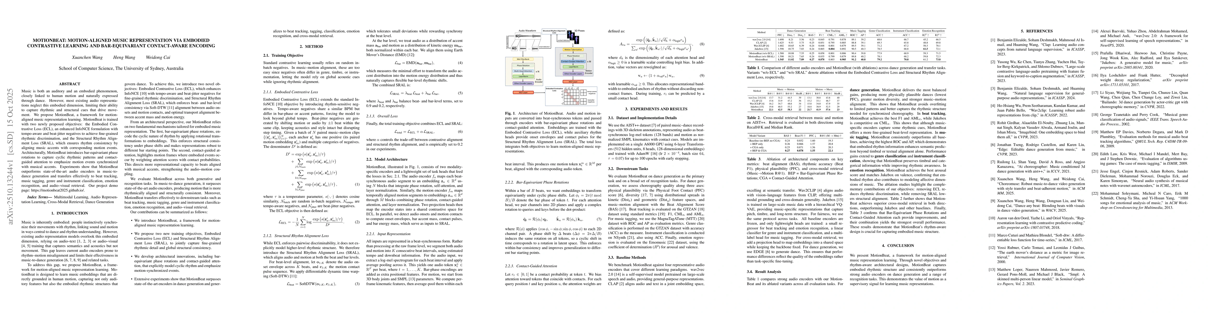 Thumbnail for MotionBeat: Motion-Aligned Music Representation via Embodied Contrastive
  Learning and Bar-Equivariant Contact-Aware Encoding