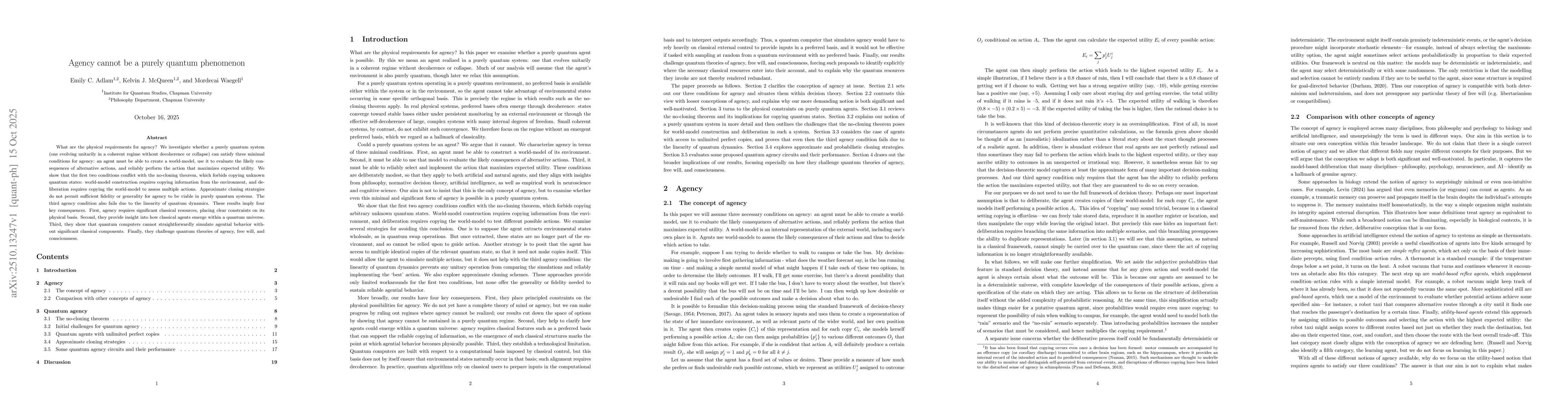 Thumbnail for Agency cannot be a purely quantum phenomenon