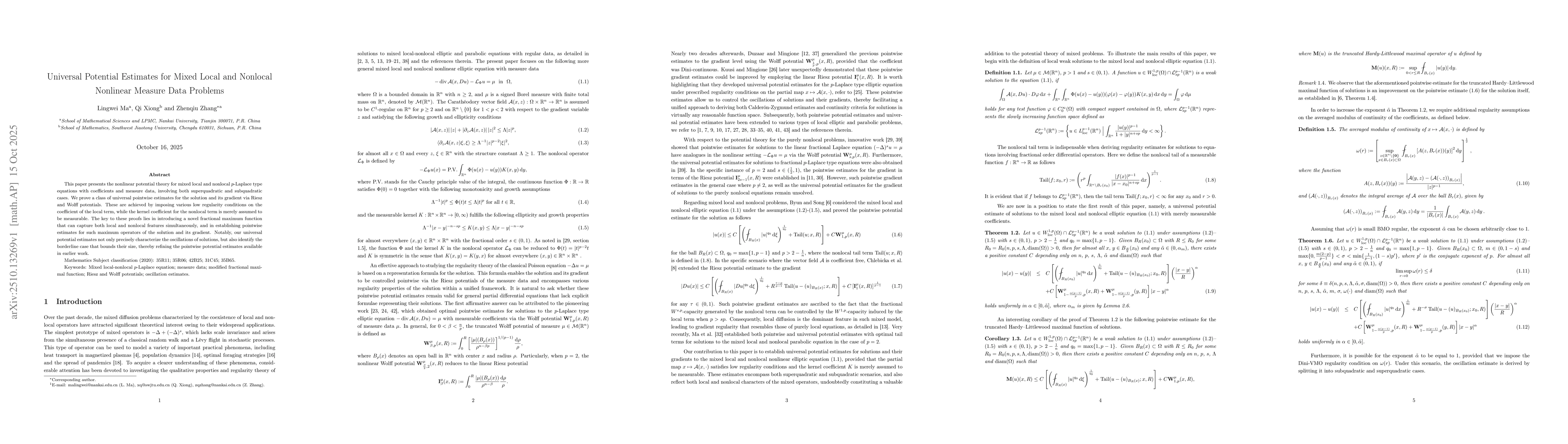 Thumbnail for Universal Potential Estimates for Mixed Local and Nonlocal Nonlinear
  Measure Data Problems