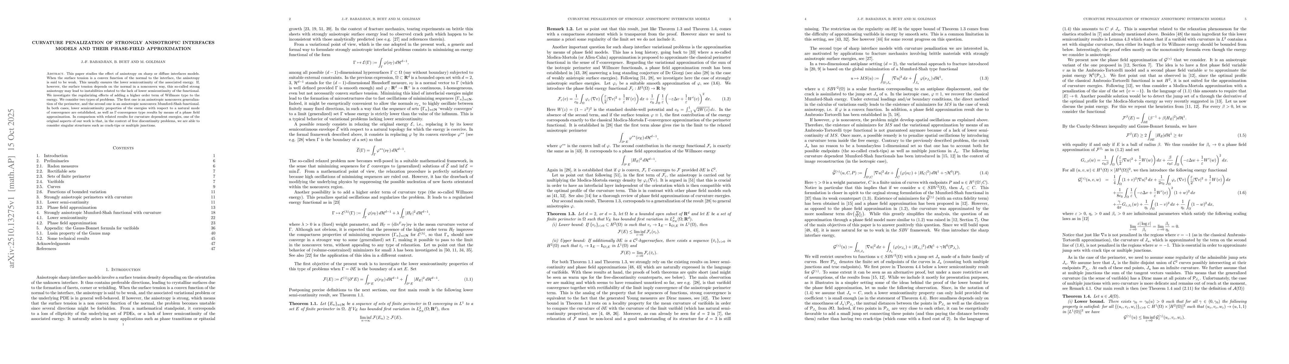 Thumbnail for Curvature penalization of strongly anisotropic interfaces models and
  their phase-field approximation