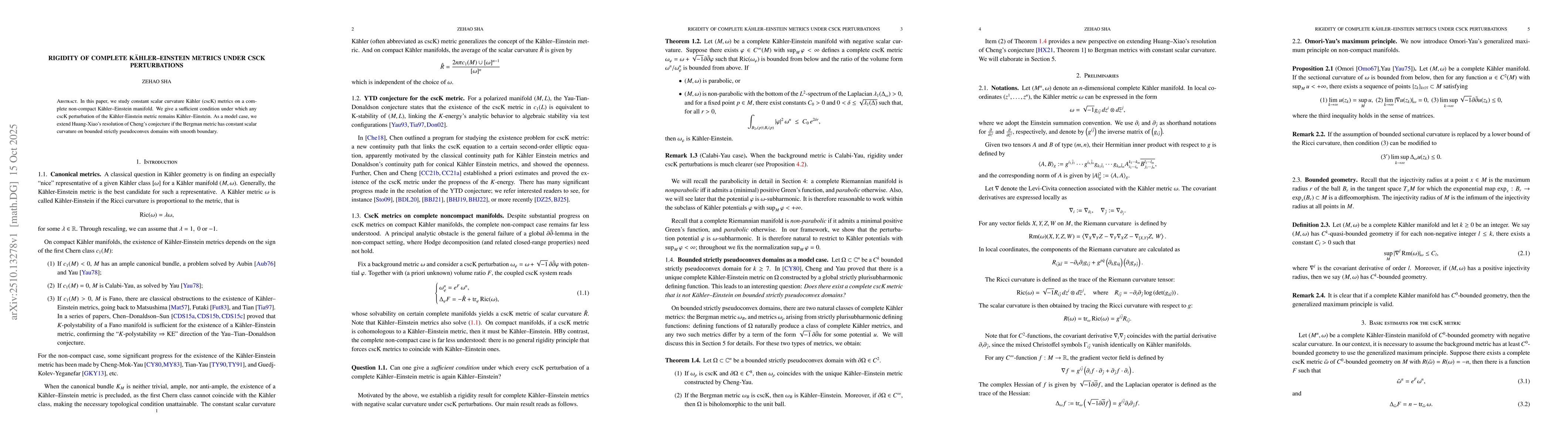 Thumbnail for Rigidity of complete Kähler-Einstein metrics under cscK perturbations