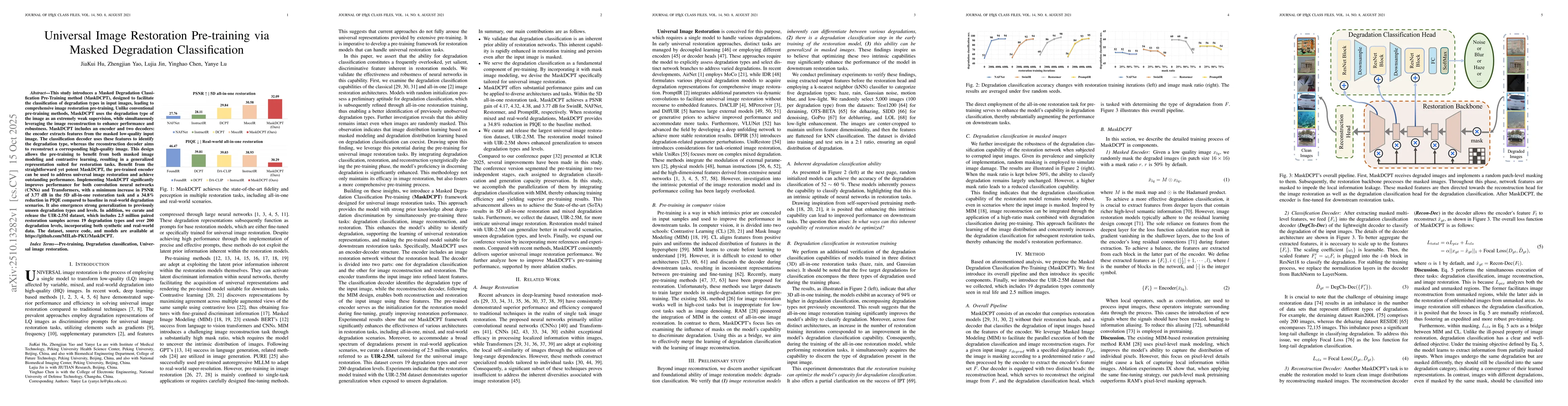 Thumbnail for Universal Image Restoration Pre-training via Masked Degradation
  Classification